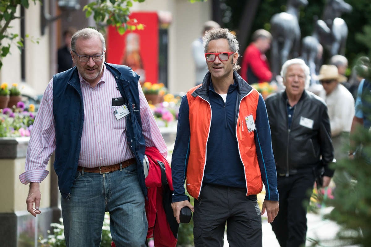 Billionaire Seth Klarman, founder of Baupost Group and former GOP megadonor walks with Alex Karp, chief executive officer of Palantir Technologies, as they attend the annual Allen and Company Sun Valley Conference, July 6, 2016, in Sun Valley, Idaho.