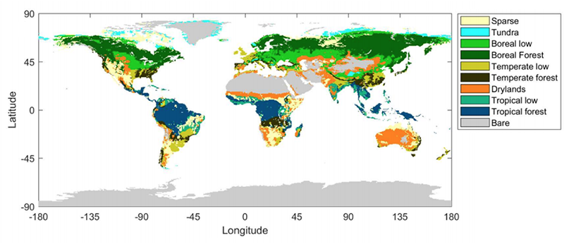 The distribution of the world’s terrestrial biomes from 1992-2015, including sparse (yellow), tundra (blue), boreal low (light green), boreal forest (dark green), temperate low (olive), temperate forest (black), drylands (orange), tropical low (turquoise), tropical forest (dark blue) and bare (grey).