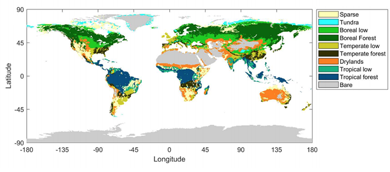 The distribution of the world’s terrestrial biomes from 1992-2015, including sparse (yellow), tundra (blue), boreal low (light green), boreal forest (dark green), temperate low (olive), temperate forest (black), drylands (orange), tropical low (turquoise), tropical forest (dark blue) and bare (grey).