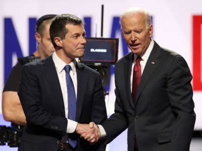 Pete Buttigieg and Joe Biden shake hands after the Democratic Presidential Debate at Otterbein University on October 15, 2019, in Westerville, Ohio.