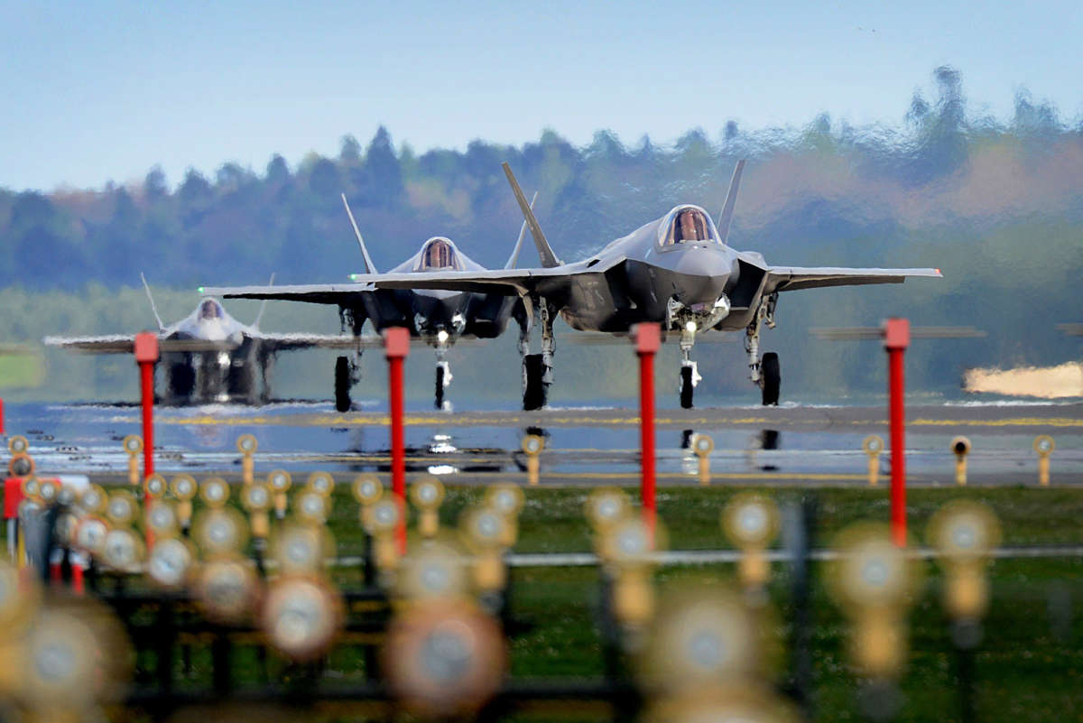 F-35A Lightning II aircraft assigned to the 34th Fighter Squadron at Hill Air Force Base, Utah, land at RAF Lakenheath, England, April 15, 2017.