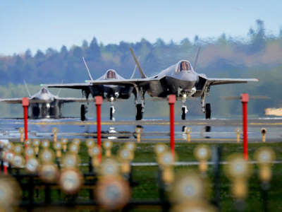 F-35A Lightning II aircraft assigned to the 34th Fighter Squadron at Hill Air Force Base, Utah, land at RAF Lakenheath, England, April 15, 2017.