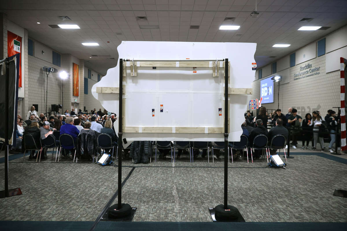 A large cut-out of the state of Iowa stands in the background of a campaign event with former Vice President Joe Biden at the Rocklin Conference Center on the campus of Western Iowa Tech Community College, January 29, 2020, in Sioux City, Iowa.