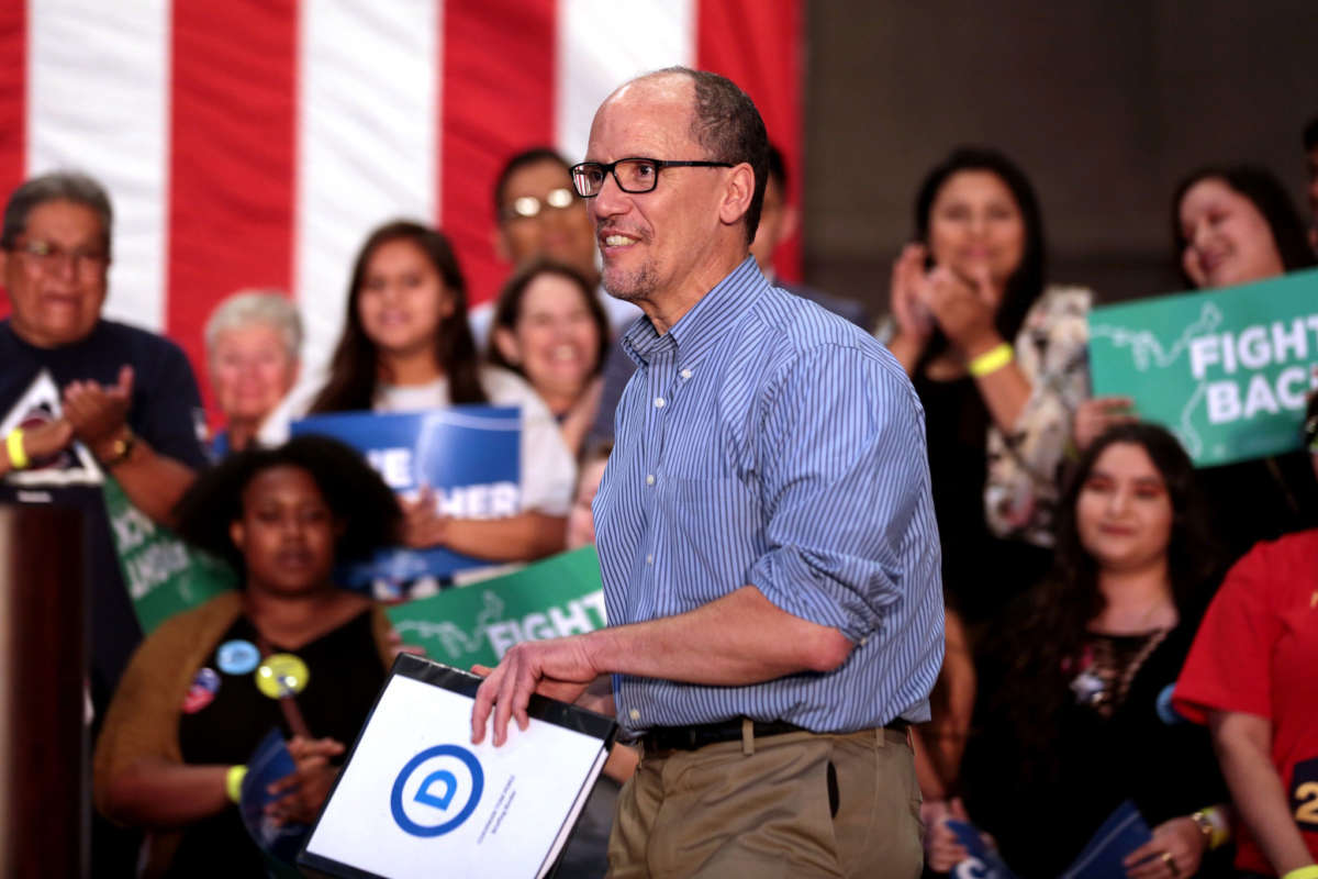 Democratic National Committee (DNC) Chairman Tom Perez speaks with supporters at a rally hosted by the DNC at the Mesa Amphitheater in Mesa, Arizona, on April 21, 2017.