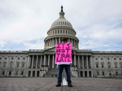A lone protester stands on the steps of the capitol displaying a pink sign reading "IT'S NOT TOO LATE"