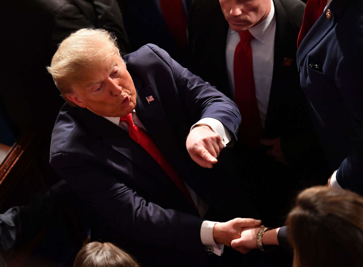 President Trump gestures after delivering the State of the Union address at the U.S. Capitol in Washington, D.C., on February 4, 2020.