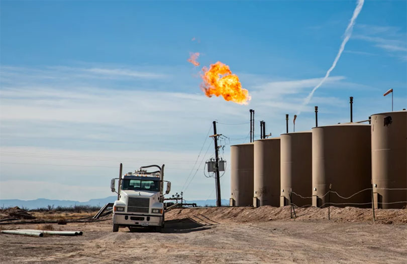 Flare at an oil and gas production site in the Permian Basin near Pecos, Texas.