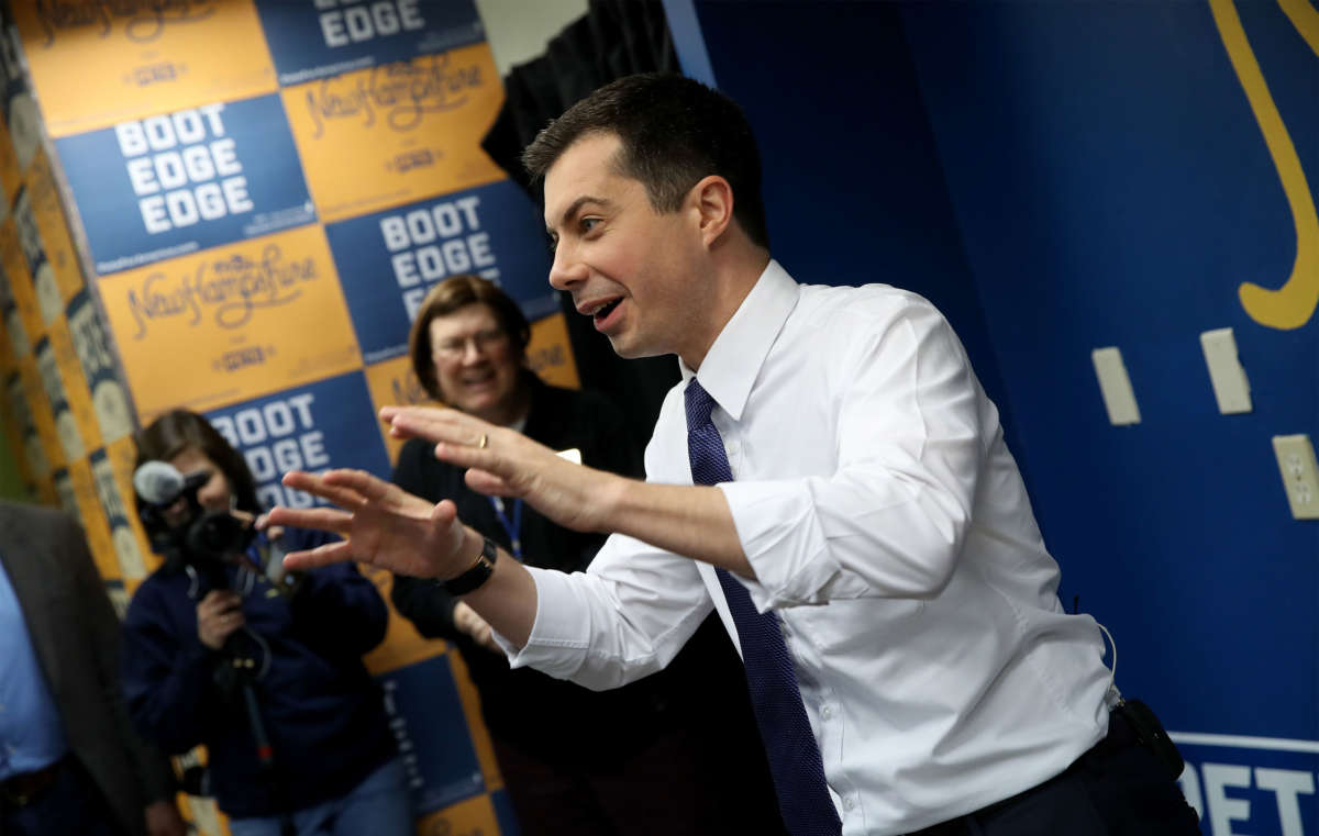 Former South Bend, Indiana Mayor Pete Buttigieg speaks at a campaign phone bank, February 9, 2020, in Somersworth, New Hampshire.