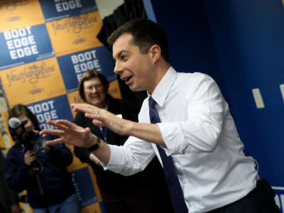 Former South Bend, Indiana Mayor Pete Buttigieg speaks at a campaign phone bank, February 9, 2020, in Somersworth, New Hampshire.