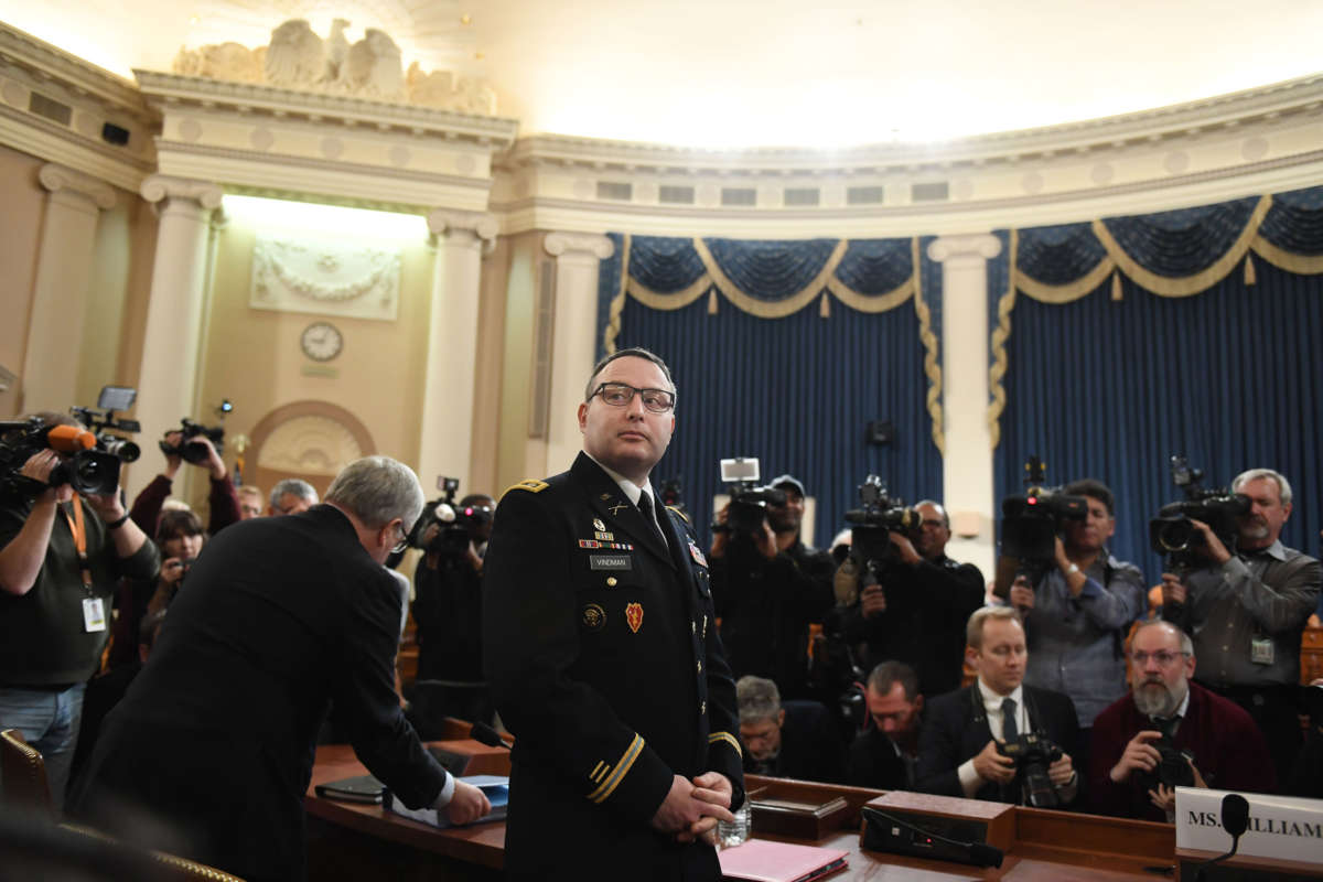 National Security Council Europe expert Lt. Col. Alexander S. Vindman appears before the House Intelligence Committee during an impeachment hearing at the Longworth House Office Building on November 19, 2019, in Washington, D.C.