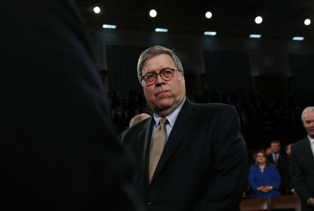 Attorney General William Barr arrives to hear President Donald Trump deliver the State of the Union address in the House chamber on February 4, 2020, in Washington, D.C.
