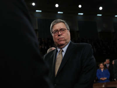 Attorney General William Barr arrives to hear President Donald Trump deliver the State of the Union address in the House chamber on February 4, 2020, in Washington, D.C.