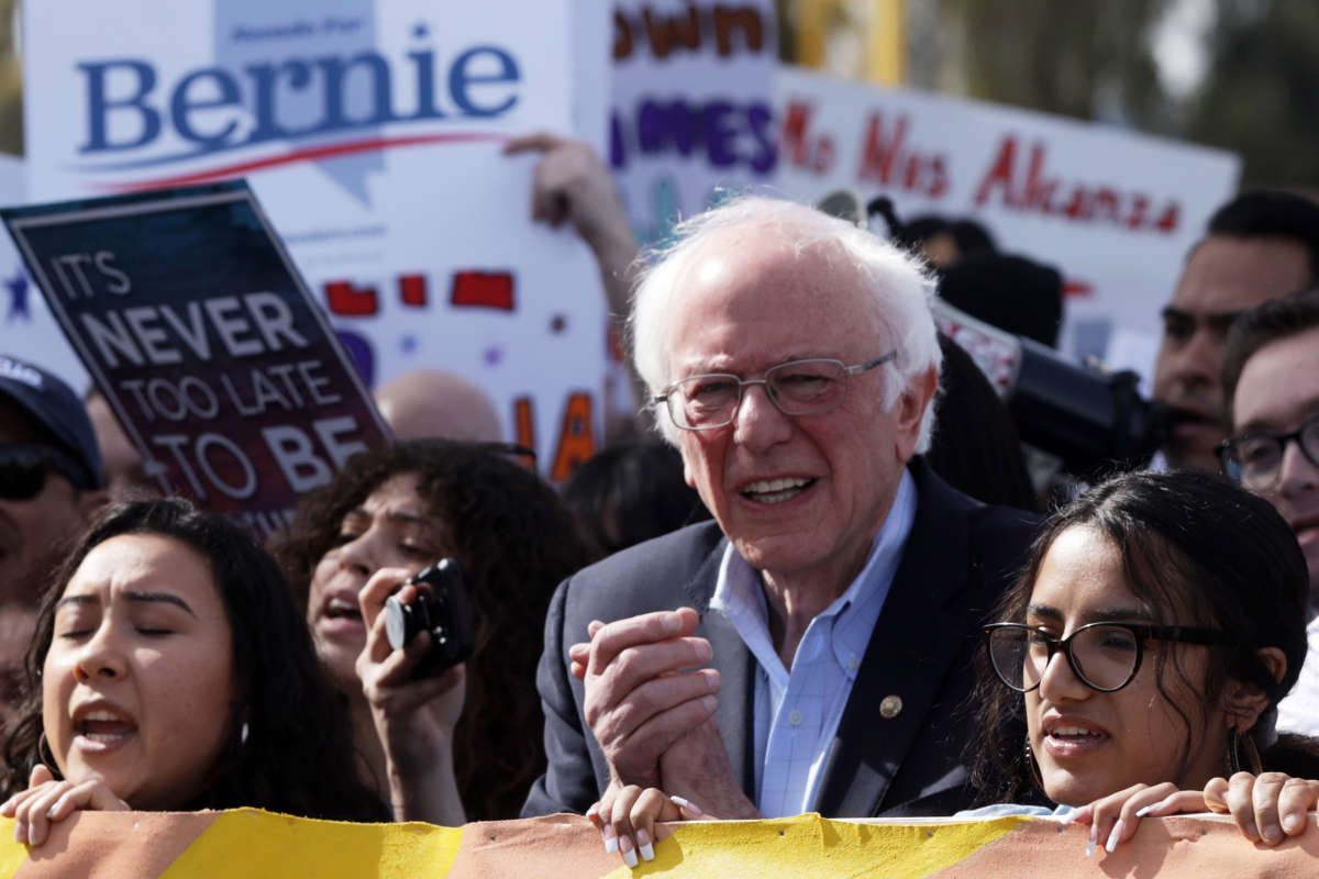 Joined by members of Make the Road Action and his supporters, Sen. Bernie Sanders participates in a “March to the Polls” on February 15, 2020, in Las Vegas, Nevada.