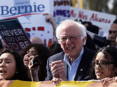 Joined by members of Make the Road Action and his supporters, Sen. Bernie Sanders participates in a “March to the Polls” on February 15, 2020, in Las Vegas, Nevada.