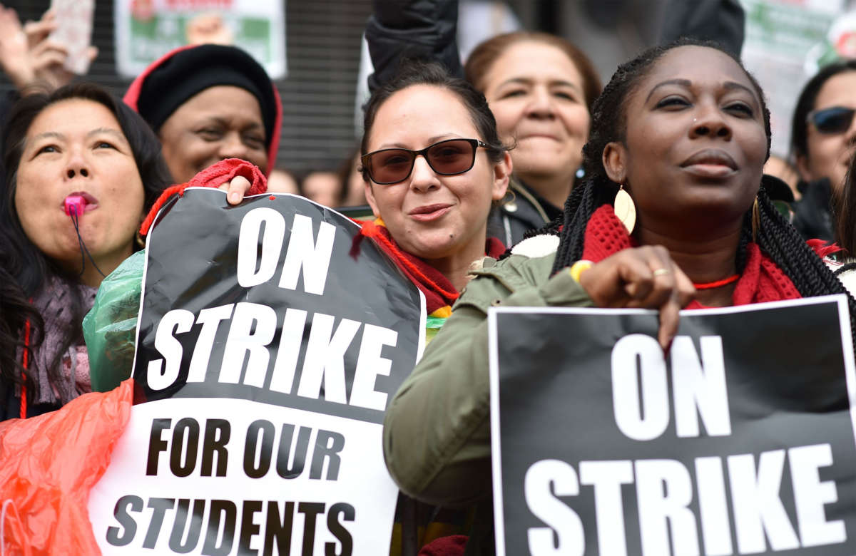 Striking teachers and their supporters rally in downtown Los Angeles, California, on January 15, 2019.