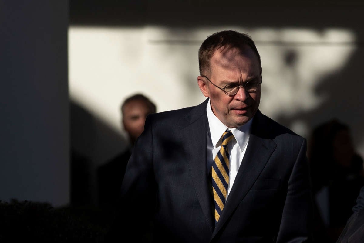 White House acting Chief of Staff Mick Mulvaney arrives at the Rose Garden of the White House, November 26, 2019, in Washington, D.C.