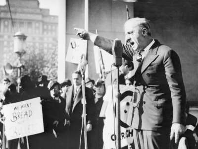 Retired General Smedley D. Butler addresses a crowd of 6,000 participants in an anti-war demonstration on Reyburn Plaza, Philadelphia, November 9, 1935.