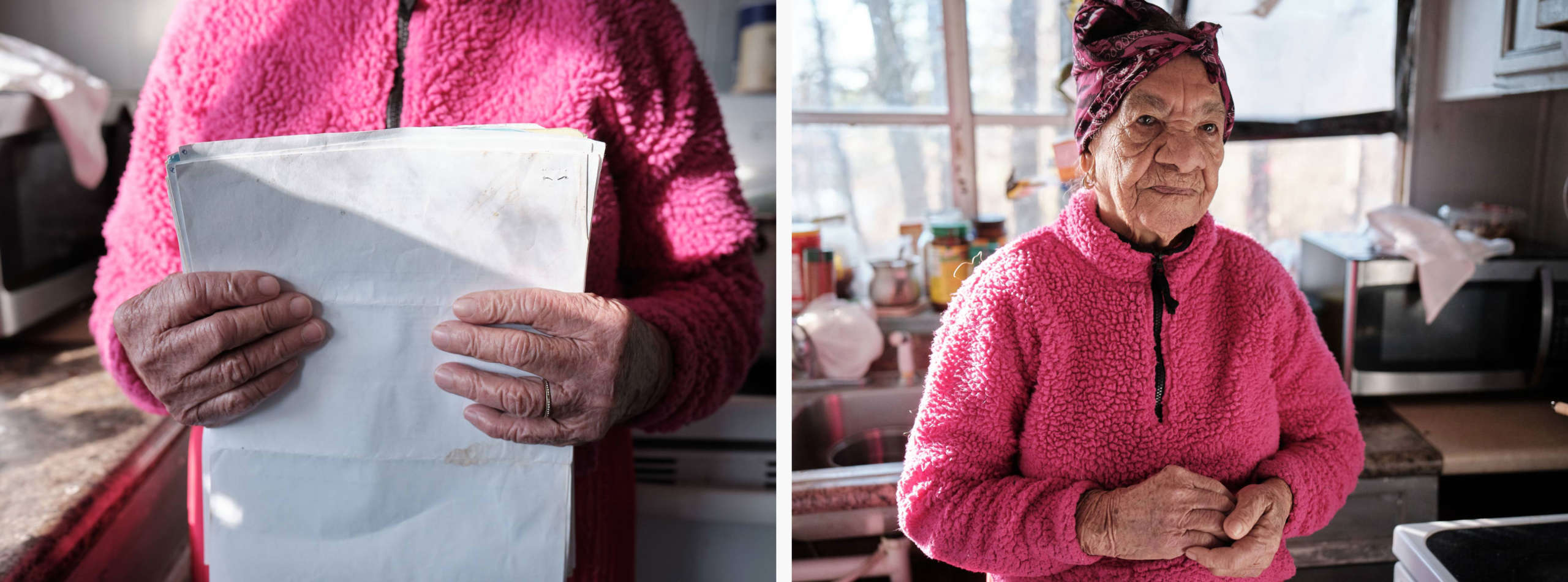 Doña Amalia holds some of the family’s immigration paperwork, which includes documents related to the family’s attempt to get her grandchildren out of U.S. custody.