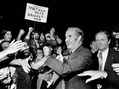 George McGovern speaks during a rally in an archival black and white photo