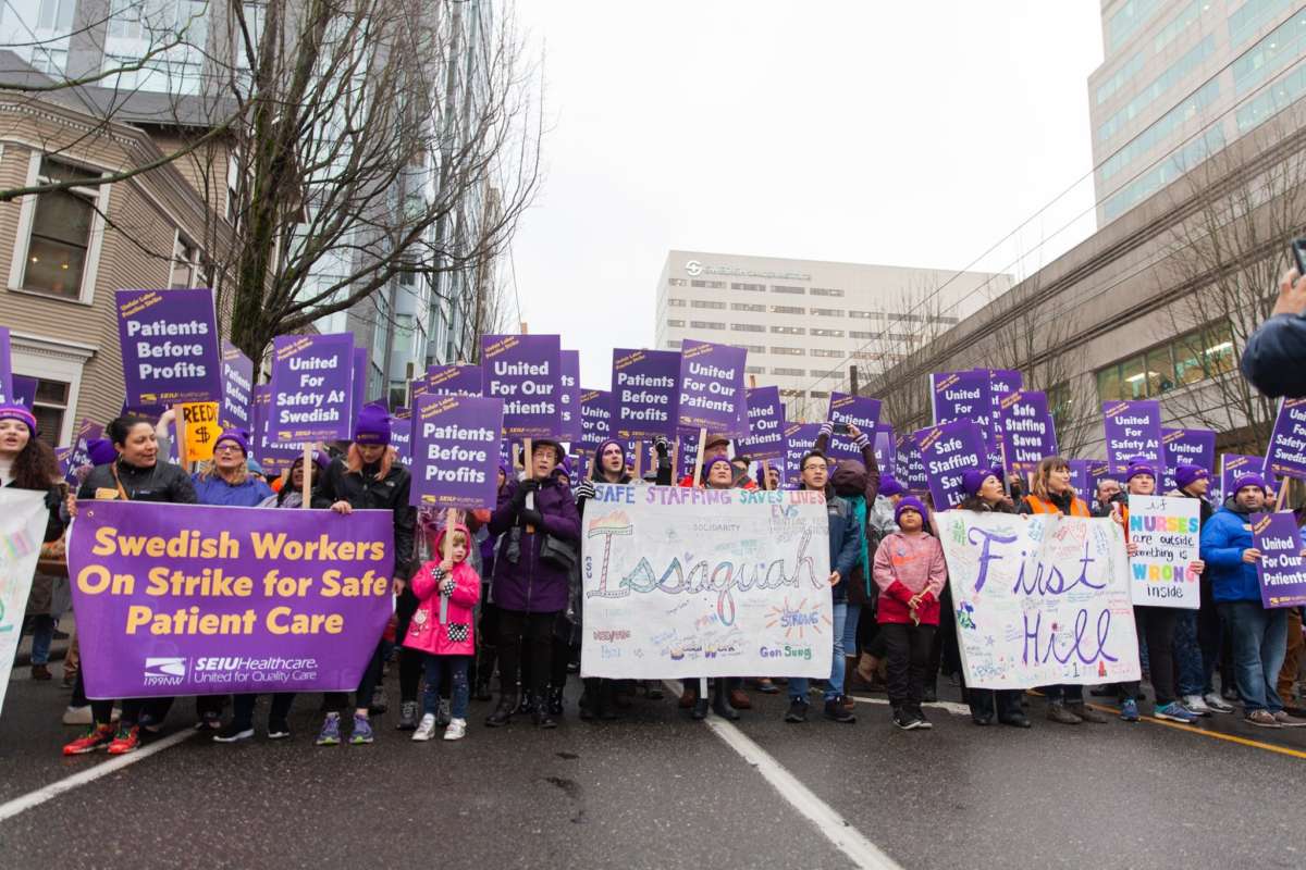 Thousands of hospital workers in the Swedish Medical Center chain in Seattle walked out January 28 on a three-day strike.