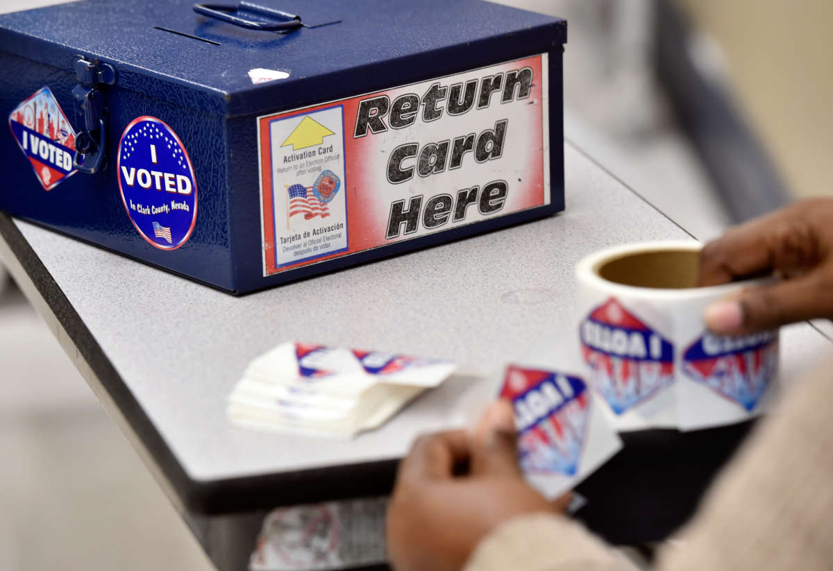 Las Vegas Strip-themed 'I Voted' stickers are displayed at polling station at May Elementary School on November 6, 2018, in Las Vegas, Nevada.