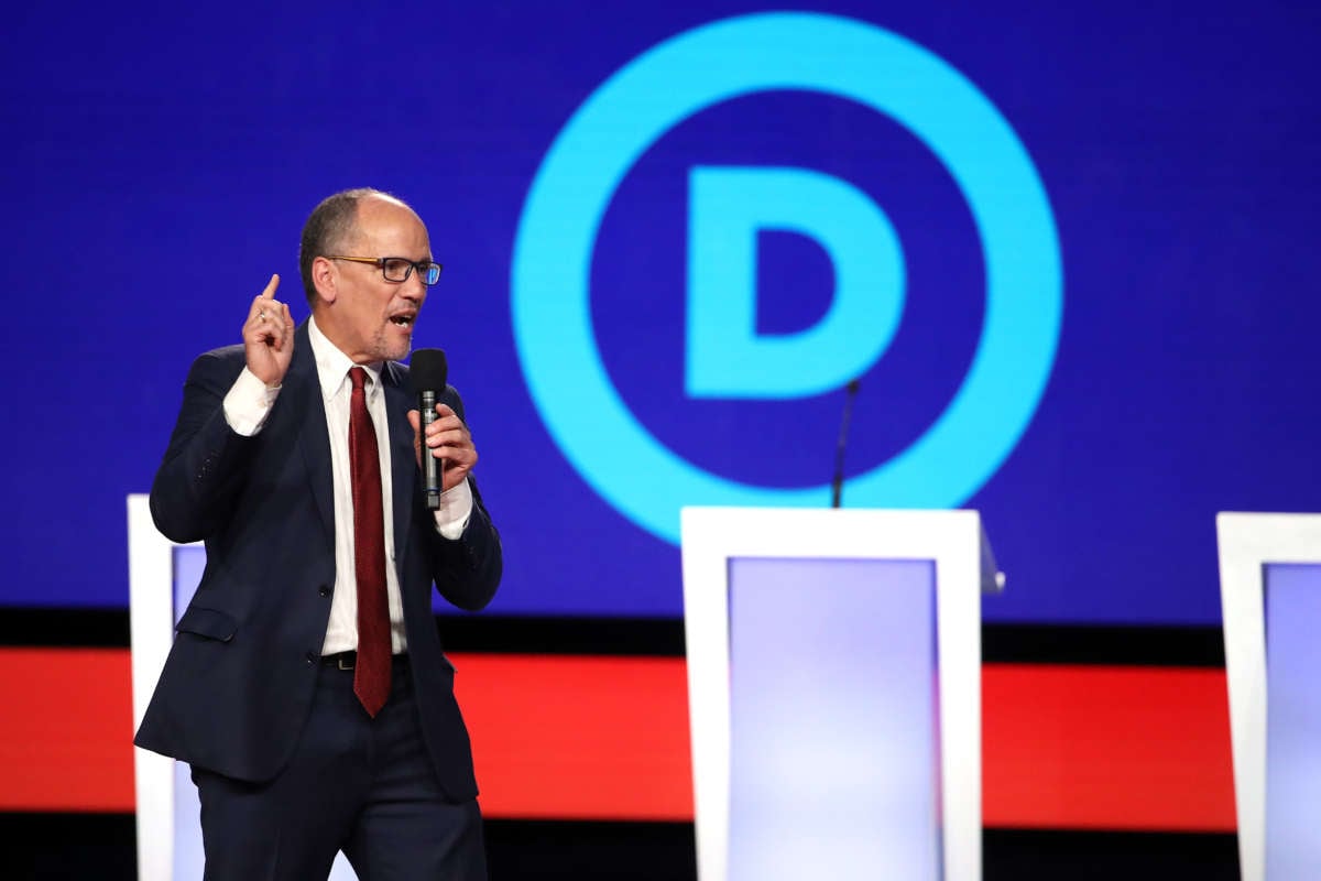 Democratic National Committee chair Tom Perez speaks before the Democratic Presidential Debate at Otterbein University on October 15, 2019, in Westerville, Ohio.