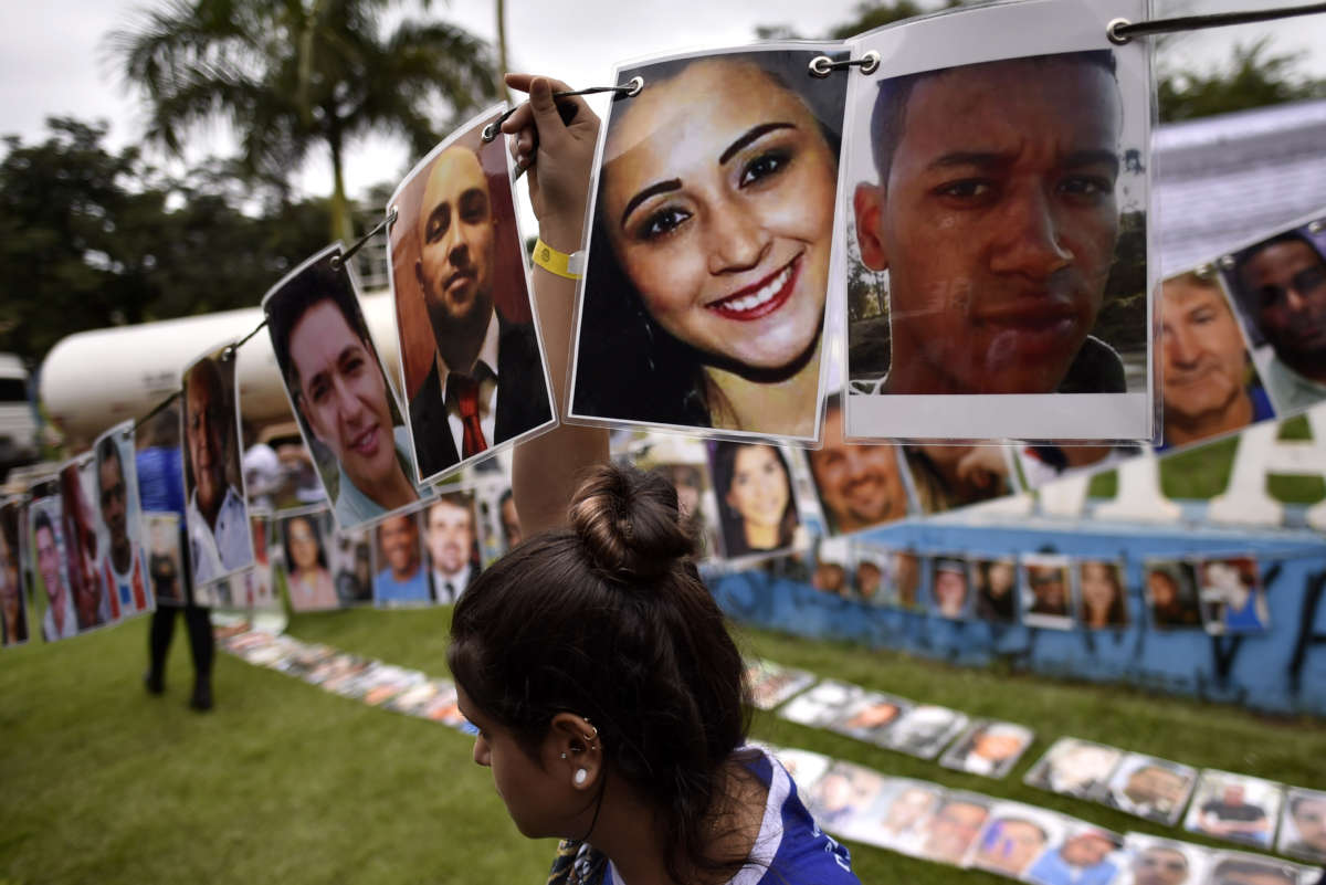 View of the portraits of the victims of the January 25, 2019, dam collapse during a tribute in Brumadinho, state of Minas Gerais, Brazil, on January 25, 2020, to mark one year since the disaster which killed 259 people.