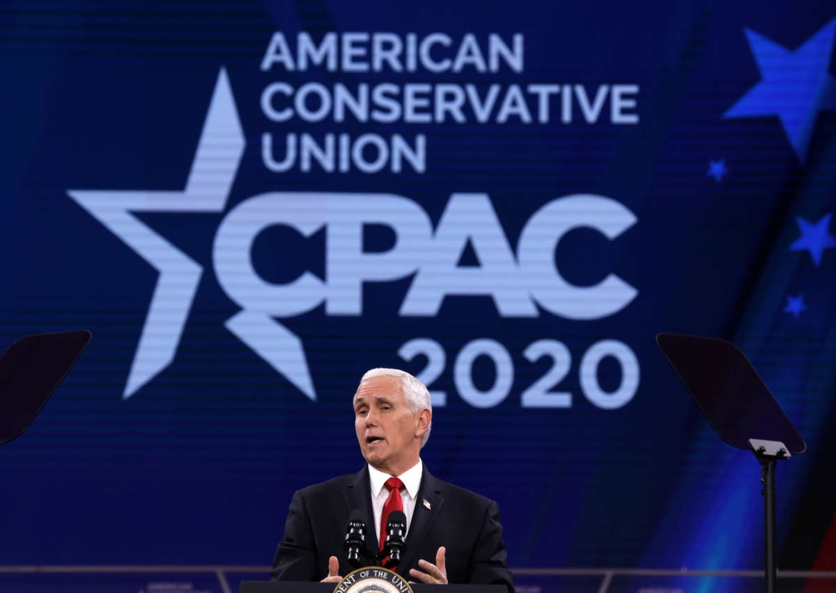 U.S. Vice President Mike Pence speaks during the annual Conservative Political Action Conference (CPAC) at Gaylord National Resort and Convention Center on February 27, 2020, in National Harbor, Maryland.