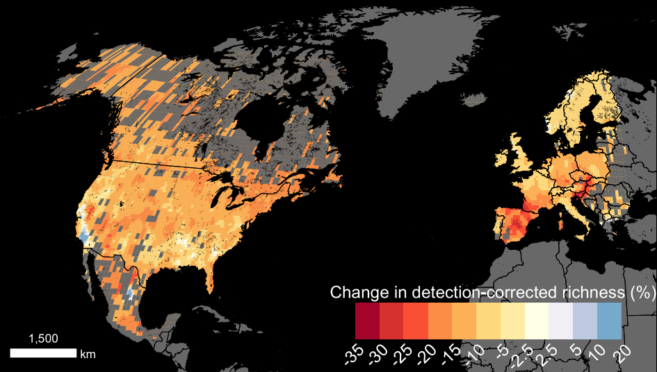 Climate change-related change in bumblebee species richness from 1901-1974 to 2000-2014, with orange to red showing declines in richness and blue showing increases. 