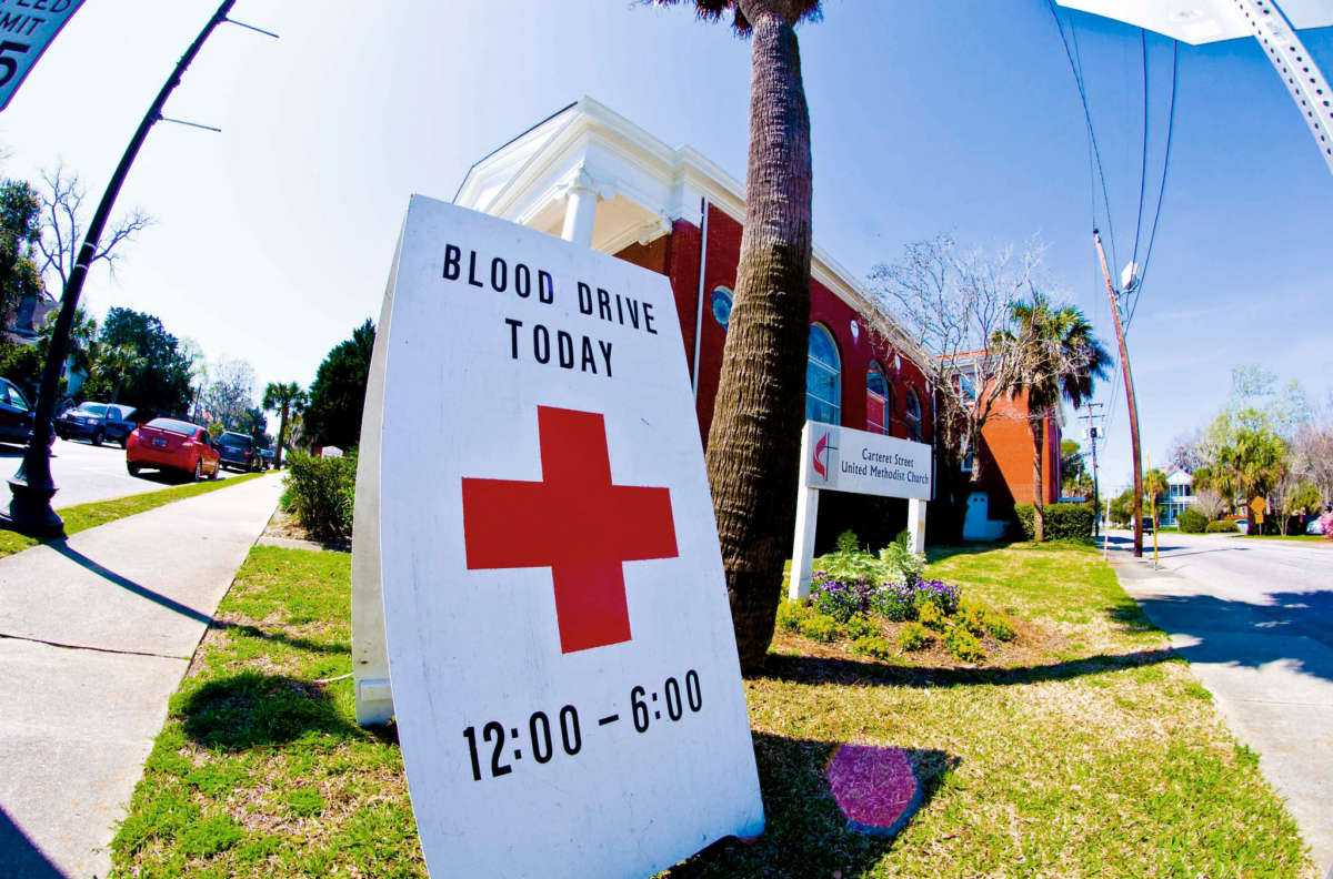 A sign advertising a blood drive