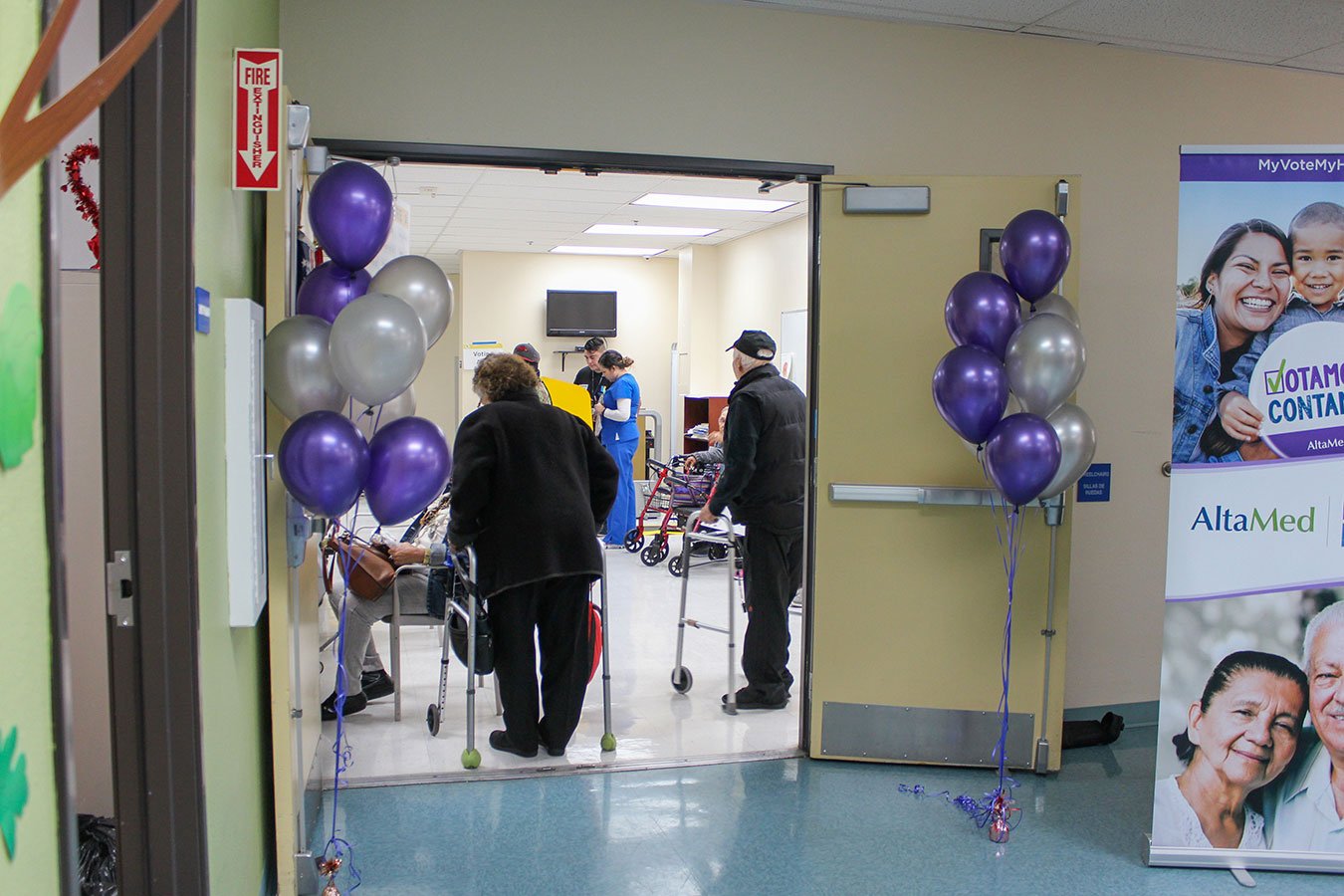 The voting room at the AltaMed PACE center in L.A.’s Chinatown was flanked by purple and silver balloons on February 24.