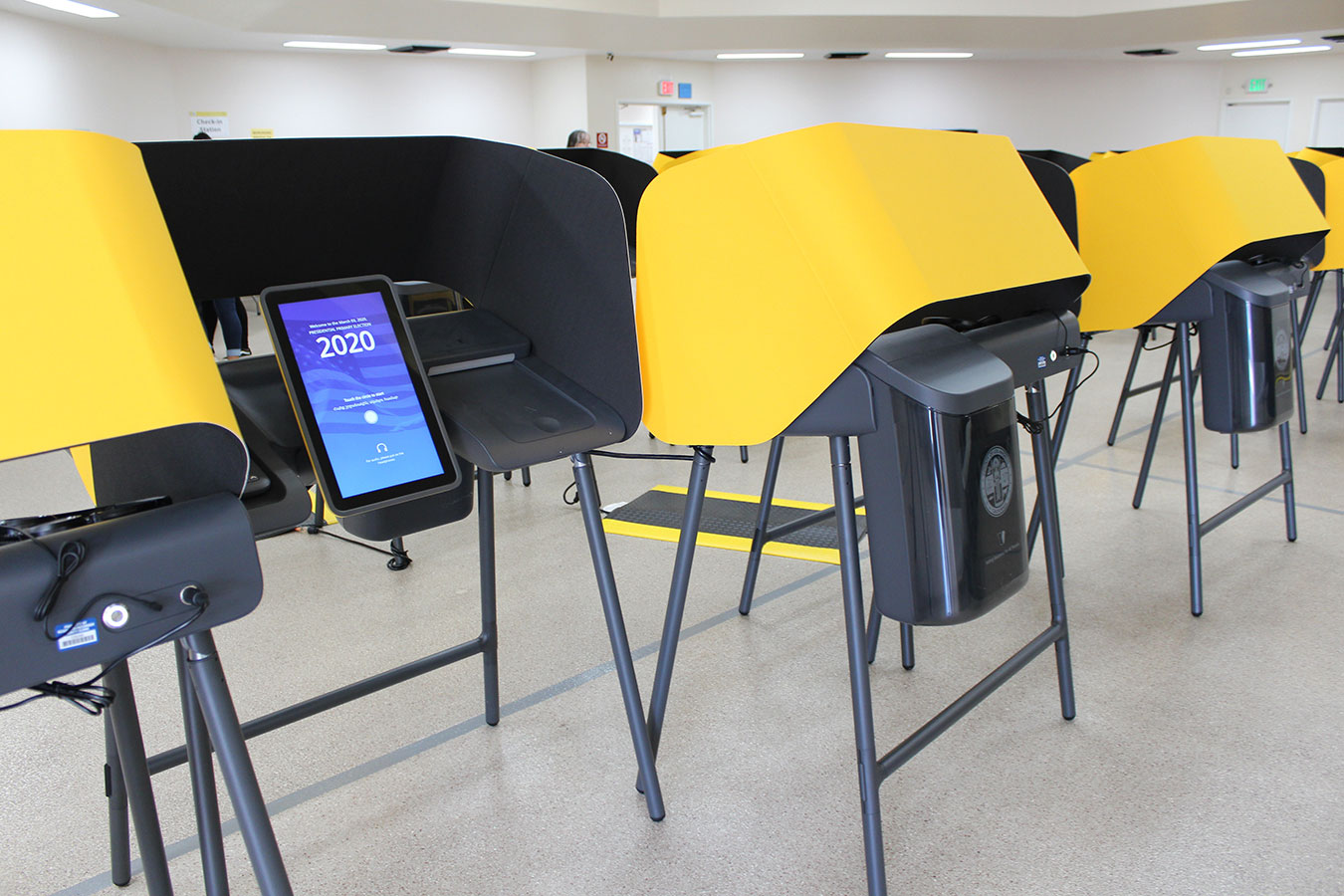 Early in-person voting for the 15 Voter’s Choice Act counties began February 22. This voting center in Mission Hills, California, has 40 touch-screen voting machines available.