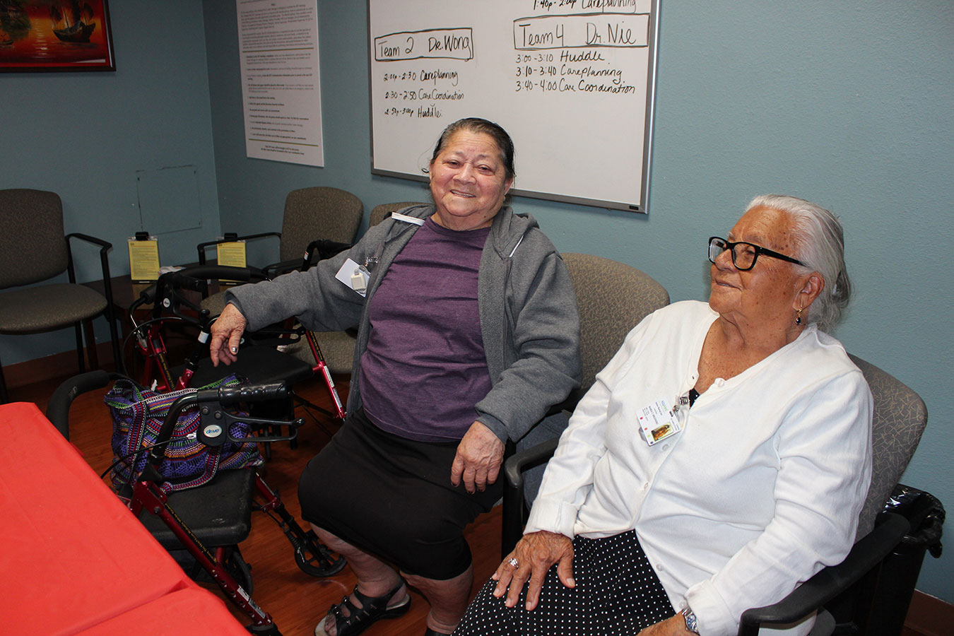 Alicia Turcios and Maria Melendez voted for the first time at the AltaMed PACE in Chinatown, an adult day care center located in Los Angeles. The two have been friends for six years, and both use walkers because of knee pain.