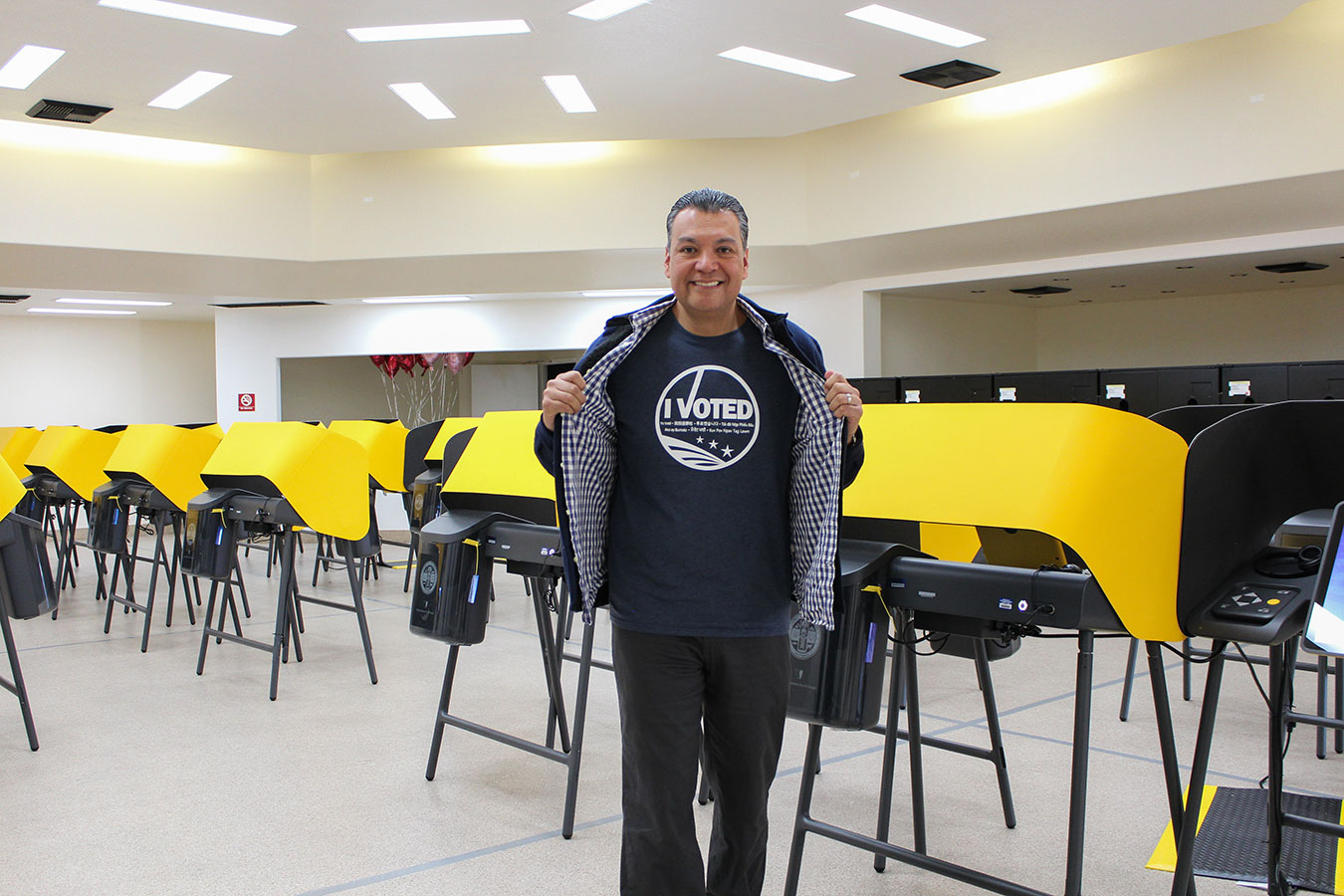 California Secretary of State Alex Padilla casts his vote in a Mission Hills, California, voting center on February 22.