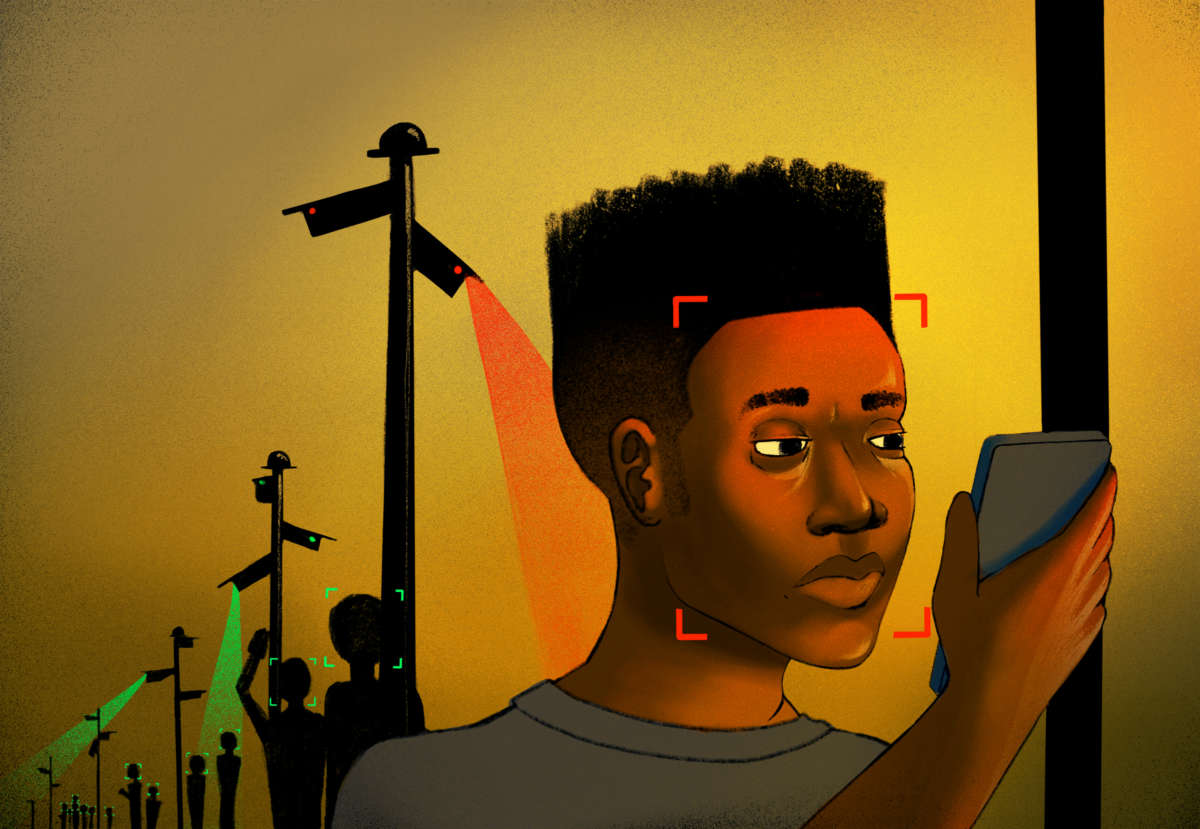 An illustration of a young man looking at his cell phone while being surveiled