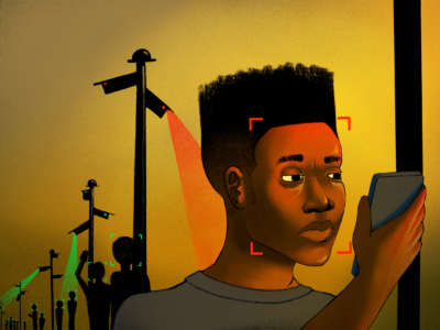 An illustration of a young man looking at his cell phone while being surveiled