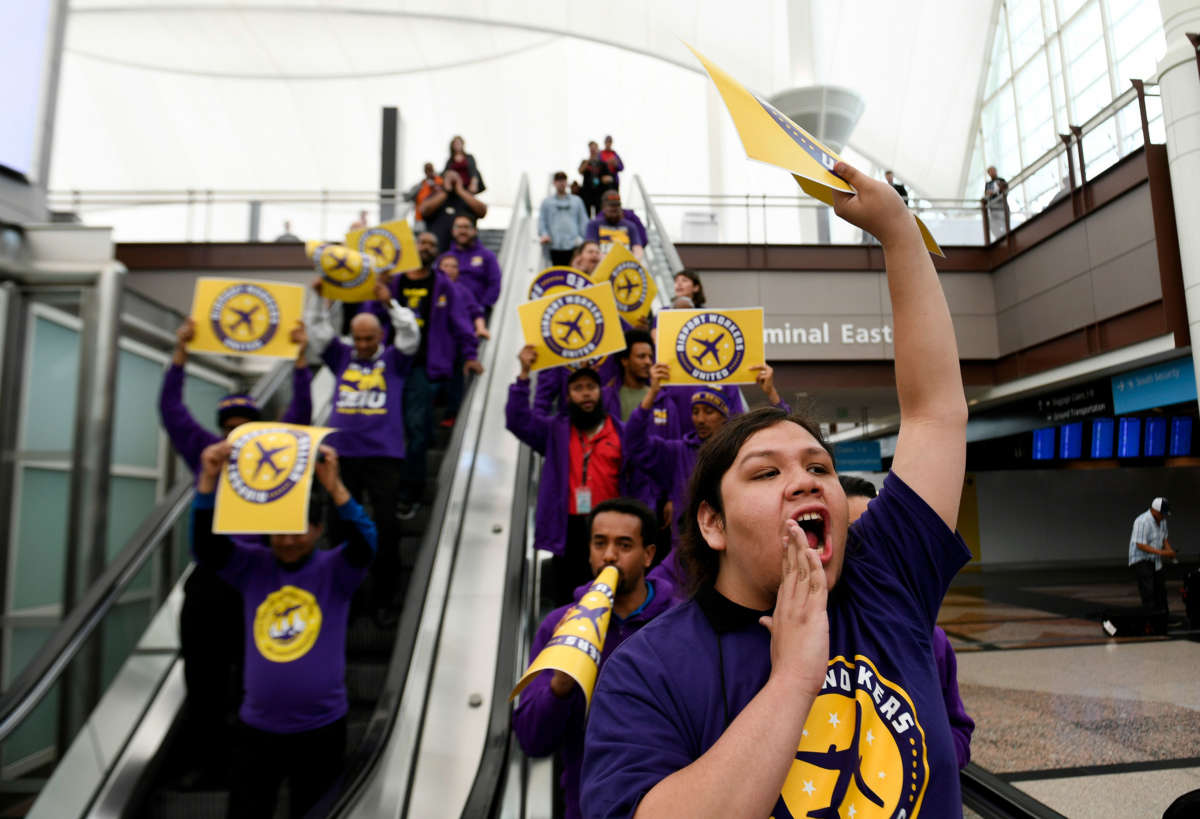 Airport workers organized by the SEIU strike at Denver International Airport over lack of training, understaffing, and unsafe working conditions in June 2019. The SEIU played an important role in 2014 in demanding support and planning for workers on the front lines of the ebola epidemic, and its workers are again demanding more training and equipment in the face of the coronavirus.