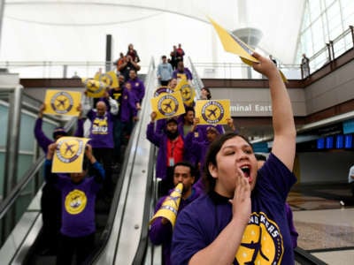 Airport workers organized by the SEIU strike at Denver International Airport over lack of training, understaffing, and unsafe working conditions in June 2019. The SEIU played an important role in 2014 in demanding support and planning for workers on the front lines of the ebola epidemic, and its workers are again demanding more training and equipment in the face of the coronavirus.