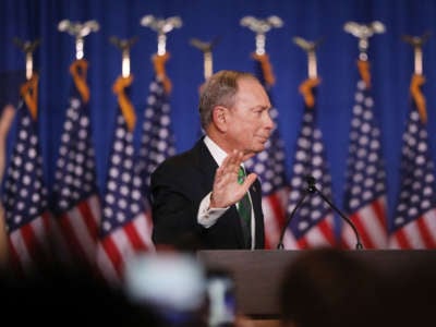 Former Democratic presidential candidate Mike Bloomberg addresses his staff and the media after announcing that he will be ending his campaign on March 4, 2020, in New York City.