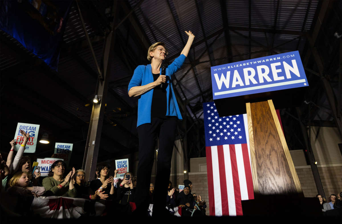 Elizabeth Warren speaks during a rally held on Super Tuesday in Detroit, March 3, 2020.