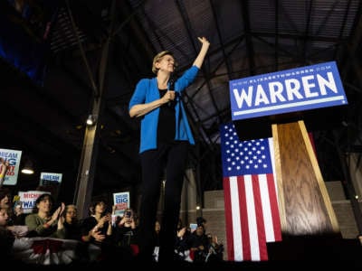 Elizabeth Warren speaks during a rally held on Super Tuesday in Detroit, March 3, 2020.