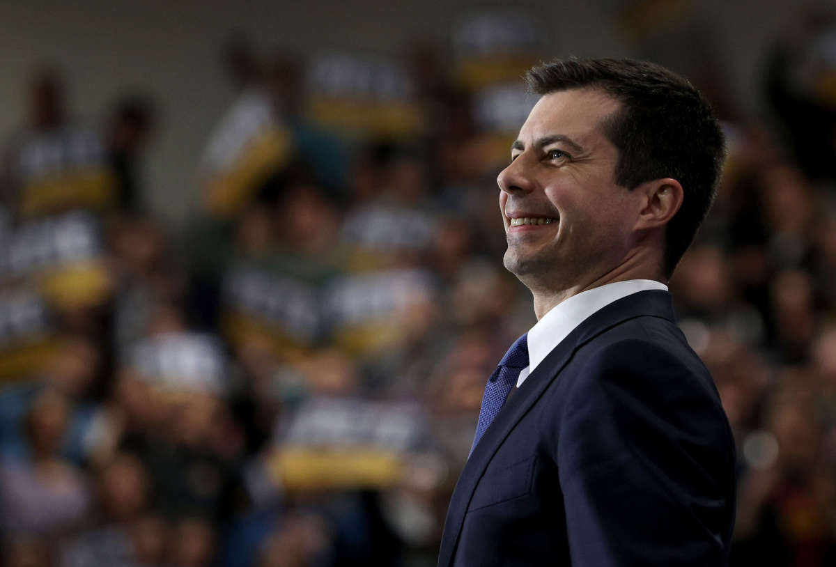 Former South Bend, Indiana Mayor Pete Buttigieg speaks at a town hall campaign event at Needham Broughton High School, February 29, 2020, in Raleigh, North Carolina.