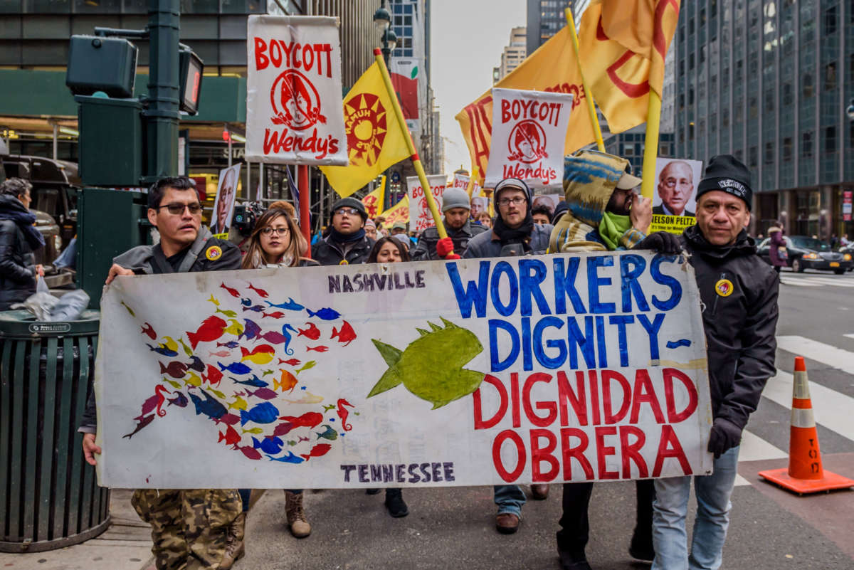 Farmworkers with Coalition of Immokalee Workers, students, faith and community leaders from around the country, concluded a five-day fast in front of the hedge fund offices of Nelson Peltz, the Board Chairman and largest shareholder of the fast food giant, Wendy's, March 15, 2018.