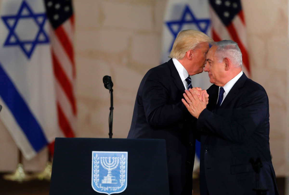 President Trump and Israel's Prime Minister Benjamin Netanyahu shake hands after delivering a speech at the Israel Museum in Jerusalem on May 23, 2017.