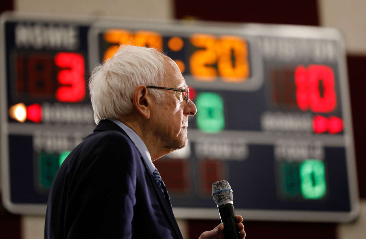 Sen. Bernie Sanders speaks at a campaign rally at Salina Intermediate School on March 7, 2020, in Dearborn, Michigan.