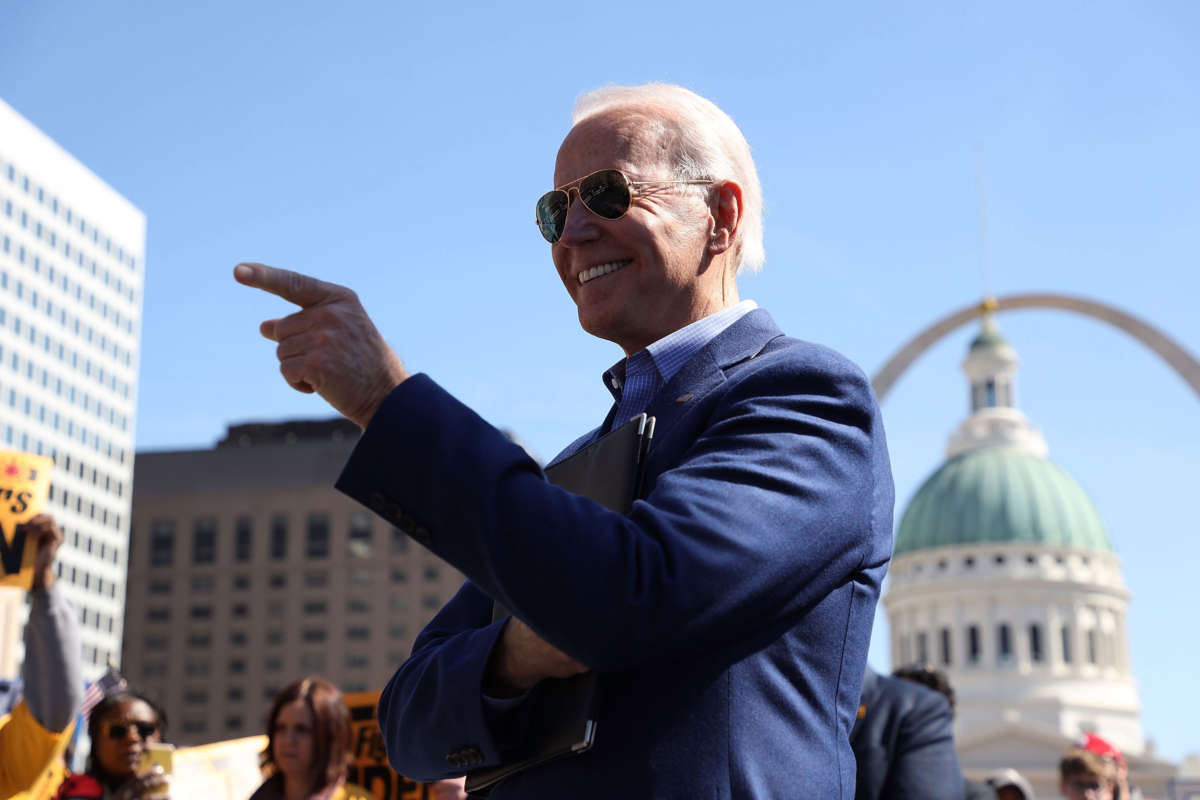 Former Vice President Joe Biden waits to take the stage at a campaign rally at Kiener Plaza on March 7, 2020, in St. Louis, Missouri.