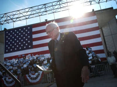 Sen. Bernie Sanders arrives for a campaign rally in Grant Park on March 7, 2020, in Chicago, Illinois.