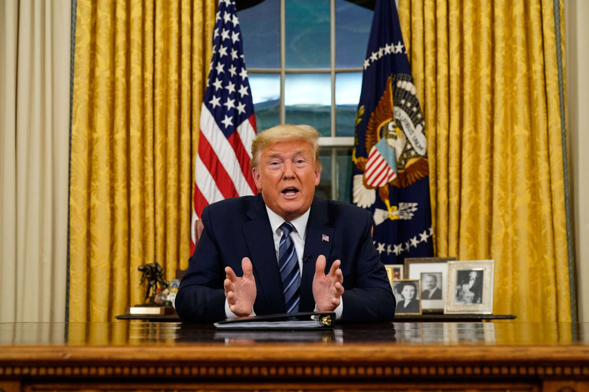 President Trump addresses the nation from the Oval Office about the widening Coronavirus crisis on March 11, 2020, in Washington, D.C.