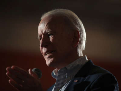 Former Vice President Joe Biden speaks to guests during a campaign stop at the Winyah Indigo Society Hall on February 26, 2020, in Georgetown, South Carolina.