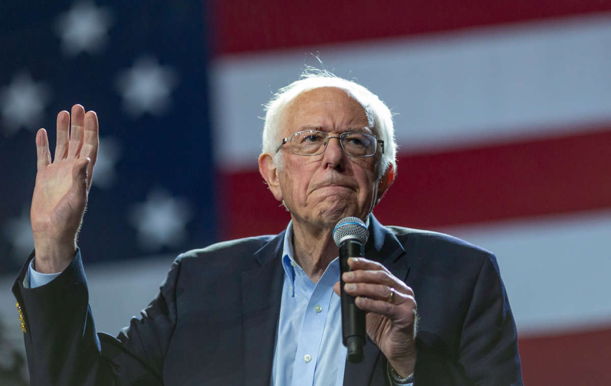 Sen. Bernie Sanders speaks at a campaign rally at the Los Angeles Convention Center on March 1, 2020, in Los Angeles, California.